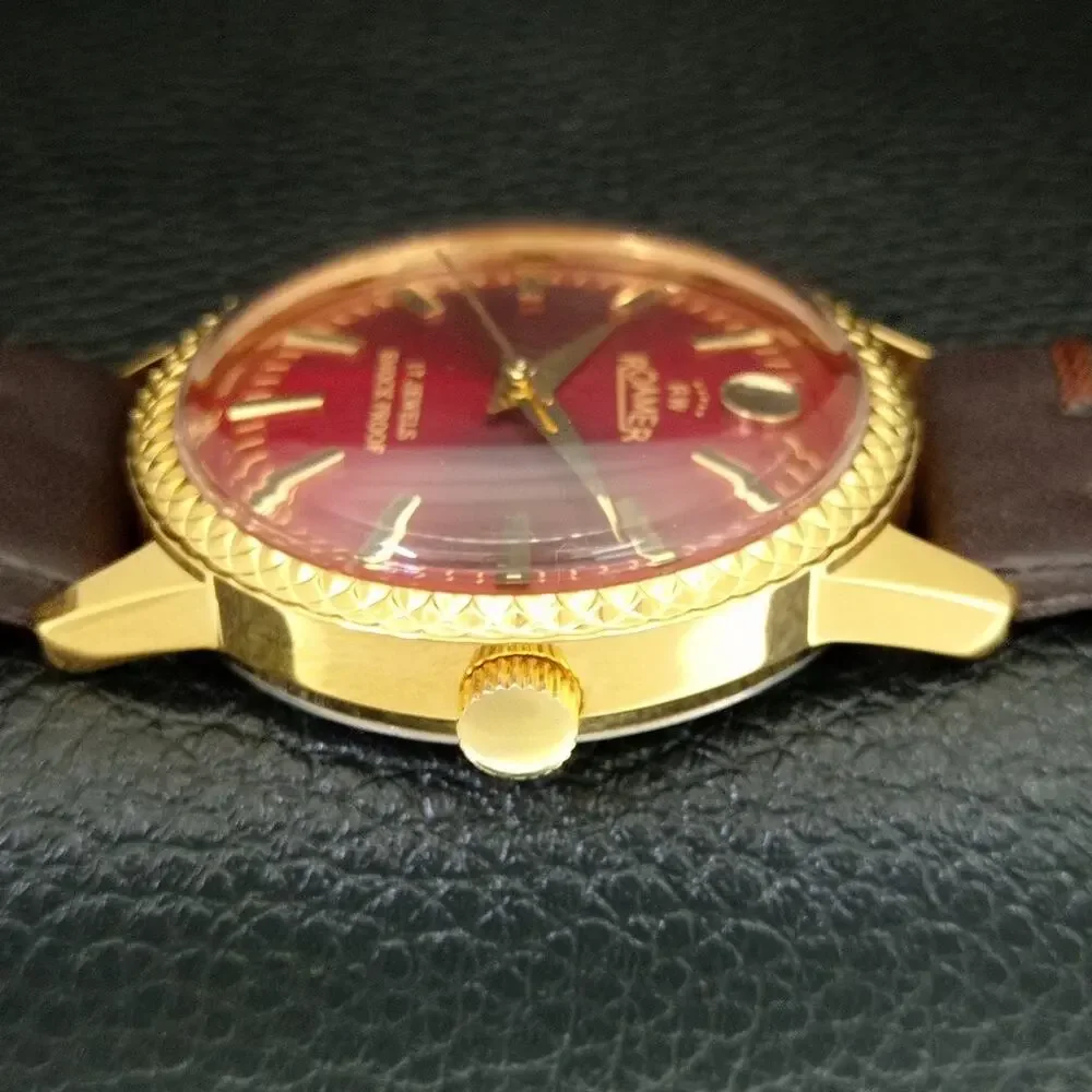 Vintage 1977 Roamer Manual Mens Gold Watch W/Leather Strap & Red accents